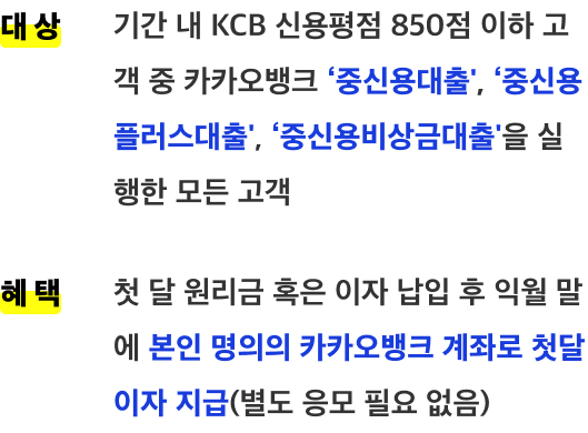 대상:기간 내 KCB 신용평점 850점 이하 고객 중 카카오뱅크 ‘중신용대출', ‘중신용플러스대출', ‘중신용비상금대출'을 실행한 모든 고객
혜택:첫 달 원리금 혹은 이자 납입 후 익월 말에 본인 명의의 카카오뱅크 계좌로 첫달 이자 지급(별도 응모 필요 없음)

